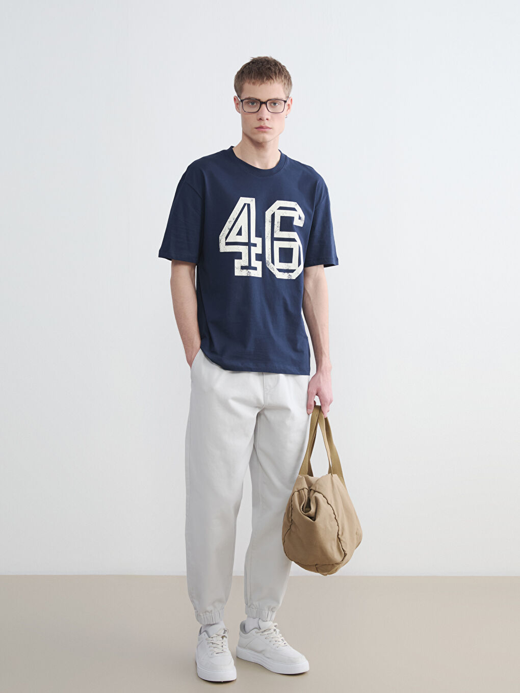 Lacivert Bisiklet Yaka Baskılı Penye Erkek Tişört-2