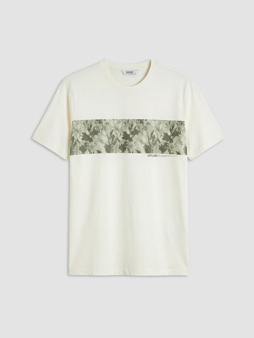 Ekru  Bisiklet Yaka Baskılı Erkek Tişört