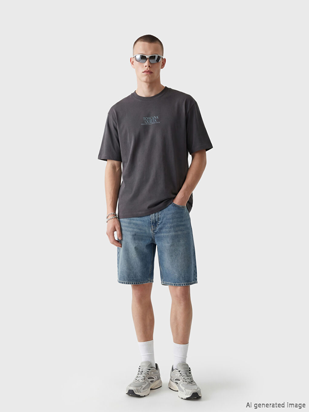 Antrasit Baskılı Bisiklet Yaka Erkek Tişört-1