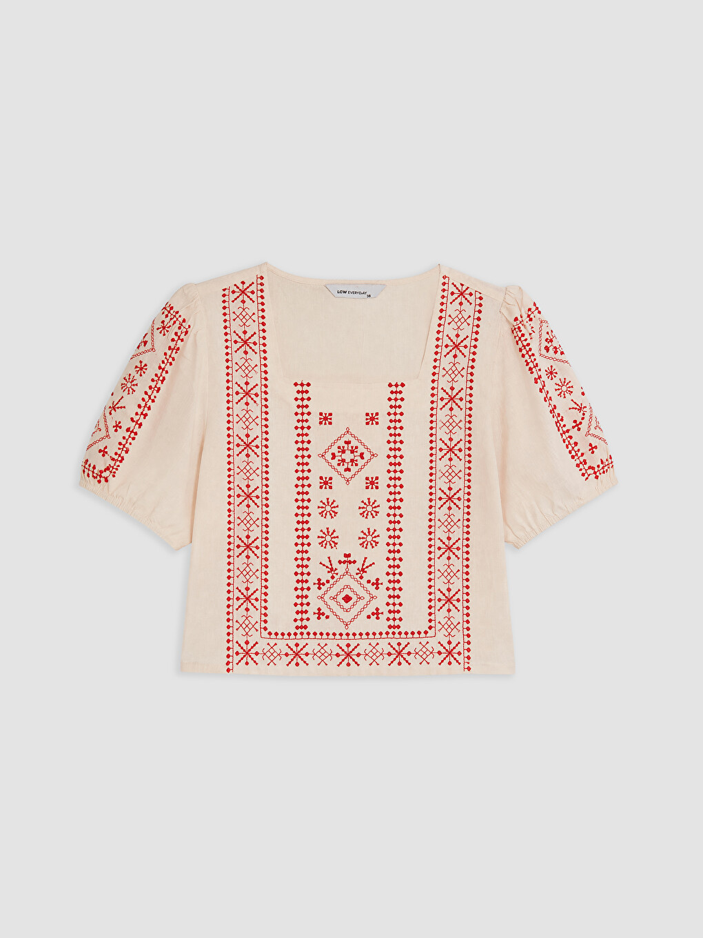 Embroidered Balloon Sleeve Linen Blend Blouse-3