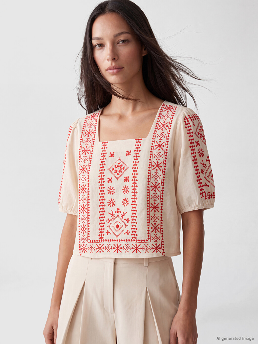 Embroidered Balloon Sleeve Linen Blend Blouse