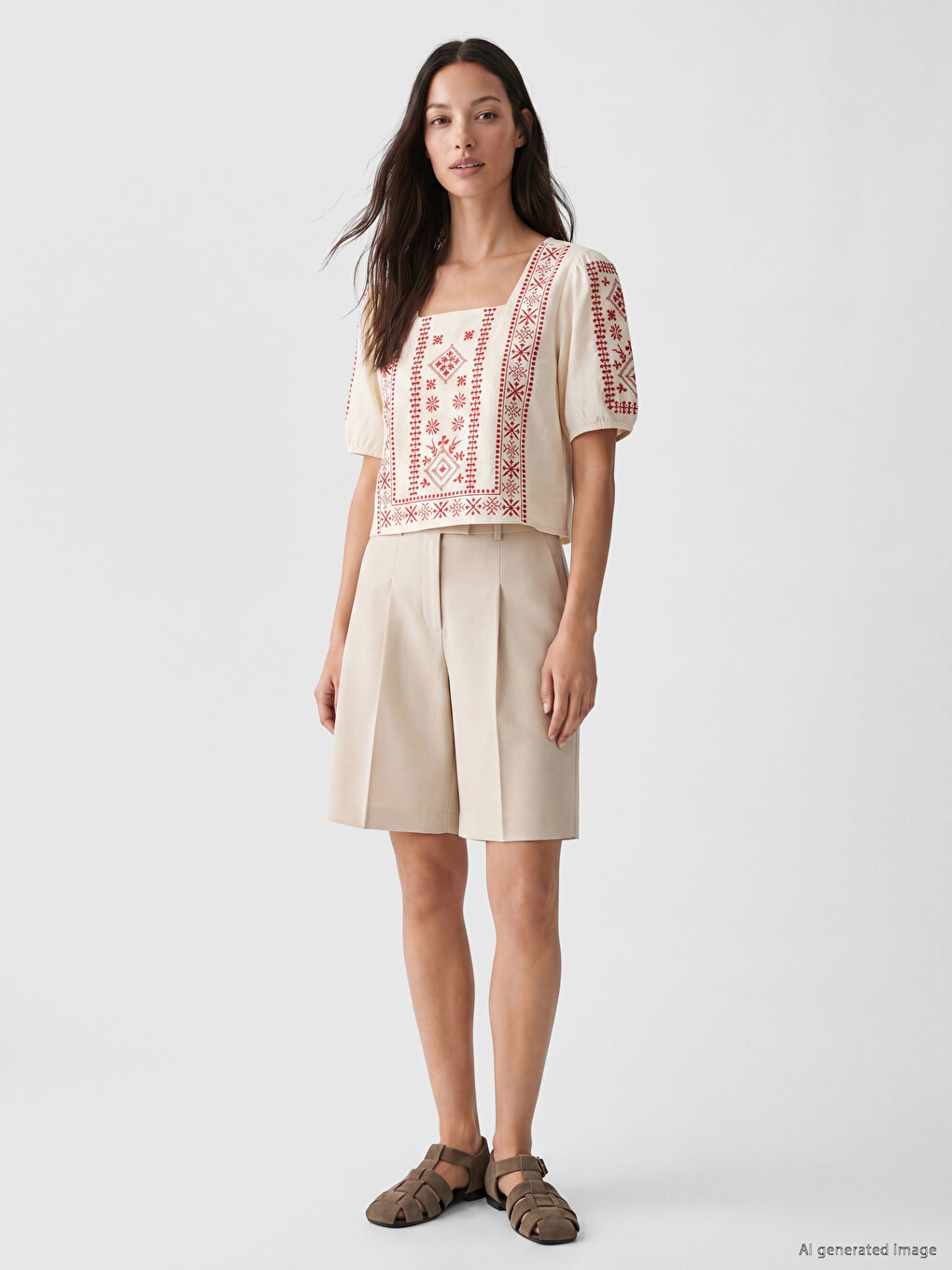 Embroidered Balloon Sleeve Linen Blend Blouse-1