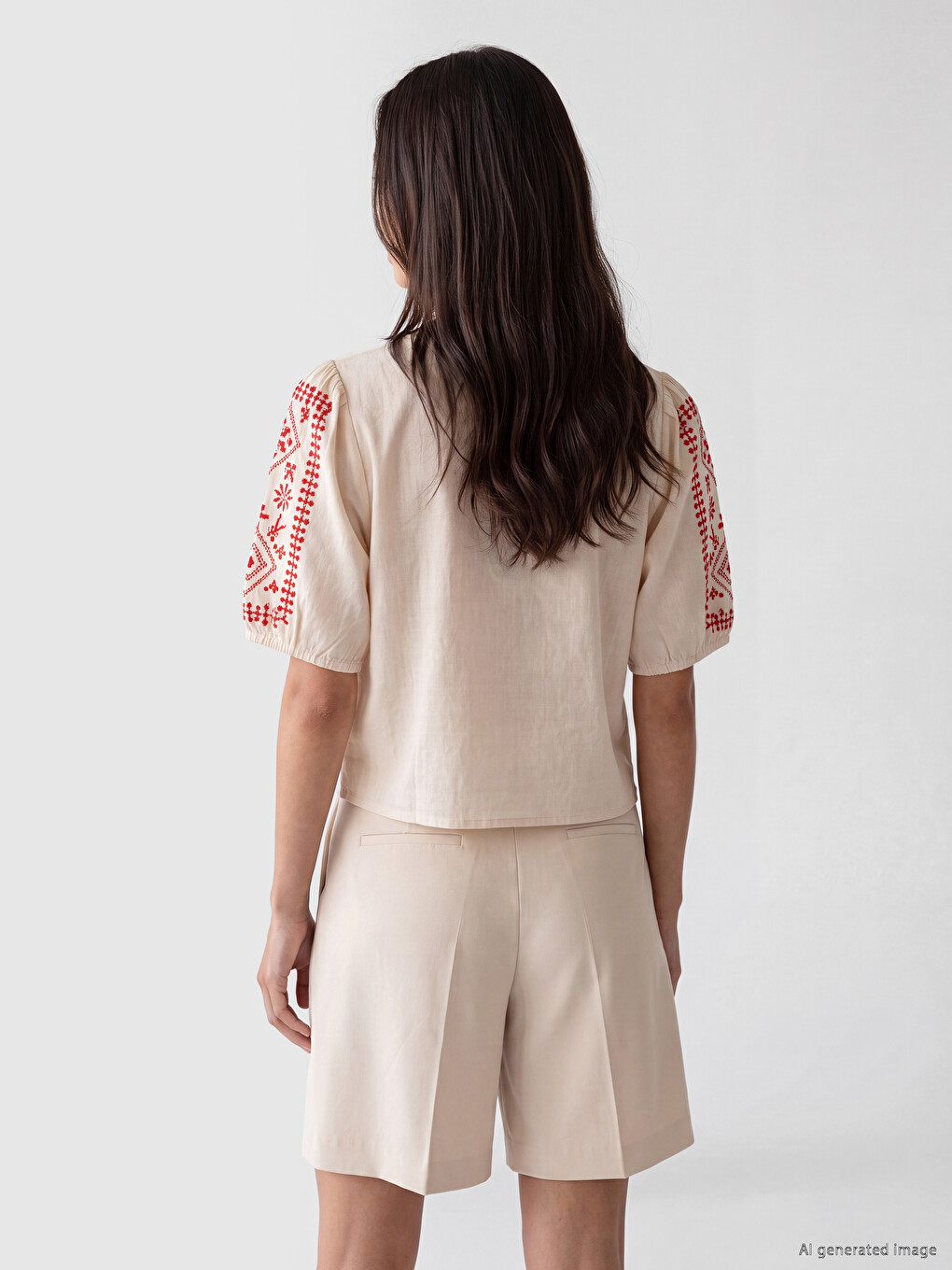Embroidered Balloon Sleeve Linen Blend Blouse-2