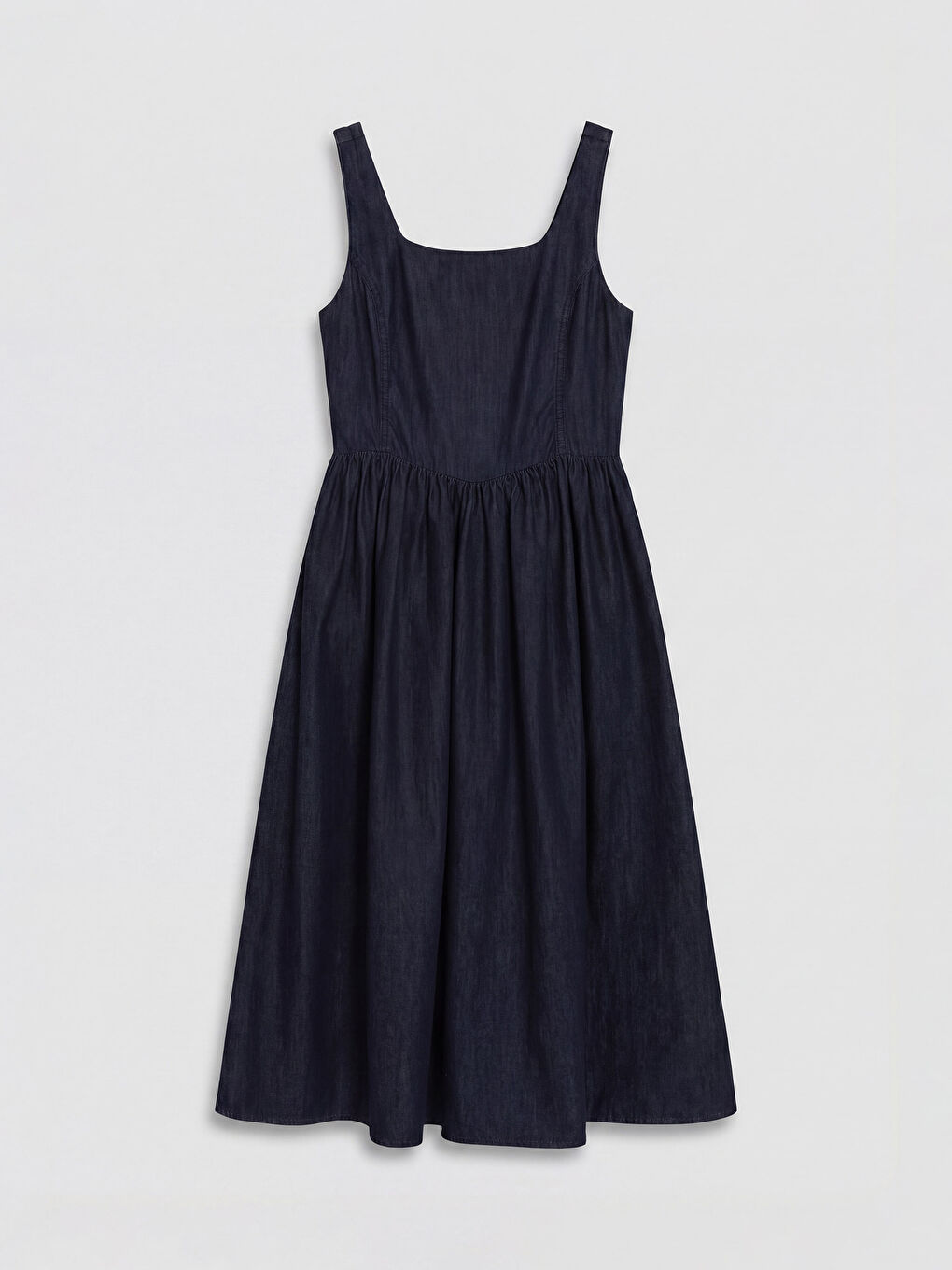 İndigo Kare Yaka Pileli Jean Elbise