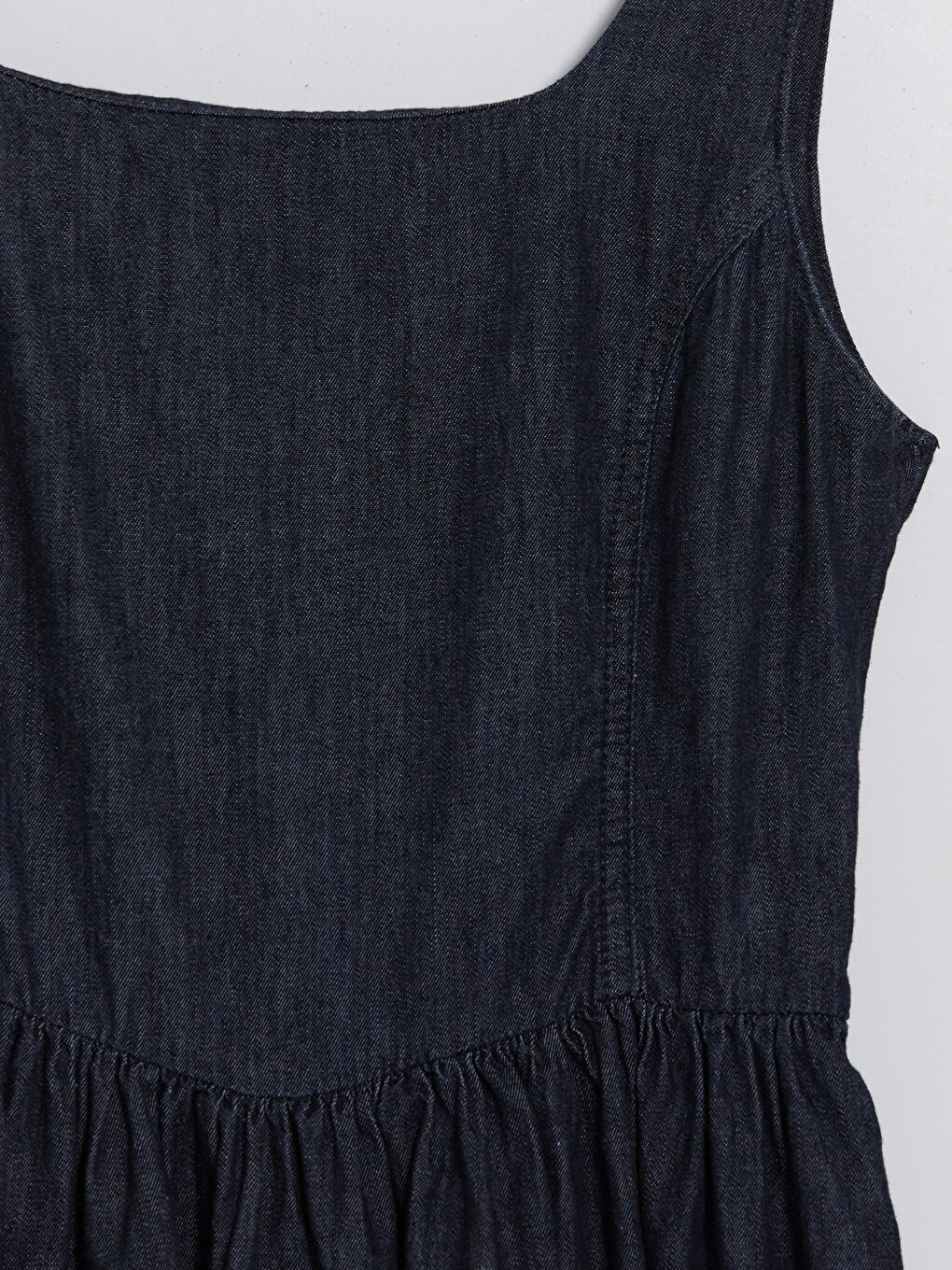 İndigo Kare Yaka Pileli Jean Elbise-2