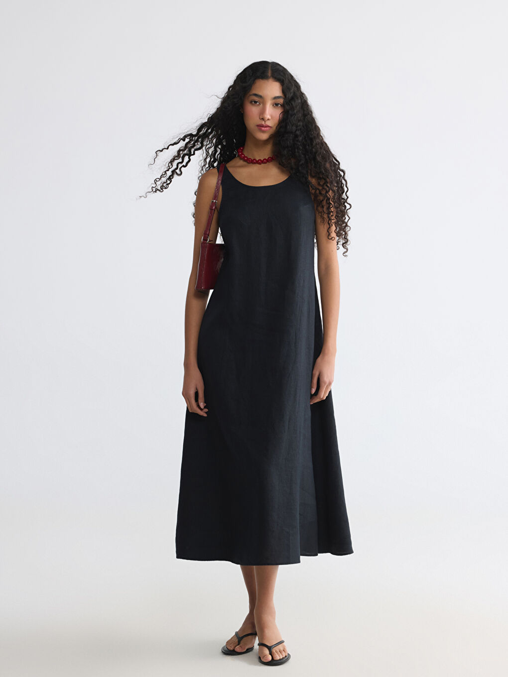 Siyah U Yaka %100 Keten Elbise-1