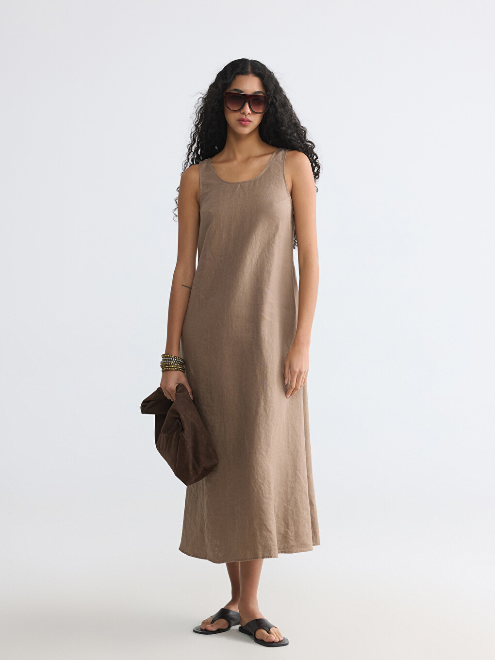 U Neck 100% Linen Dress-1