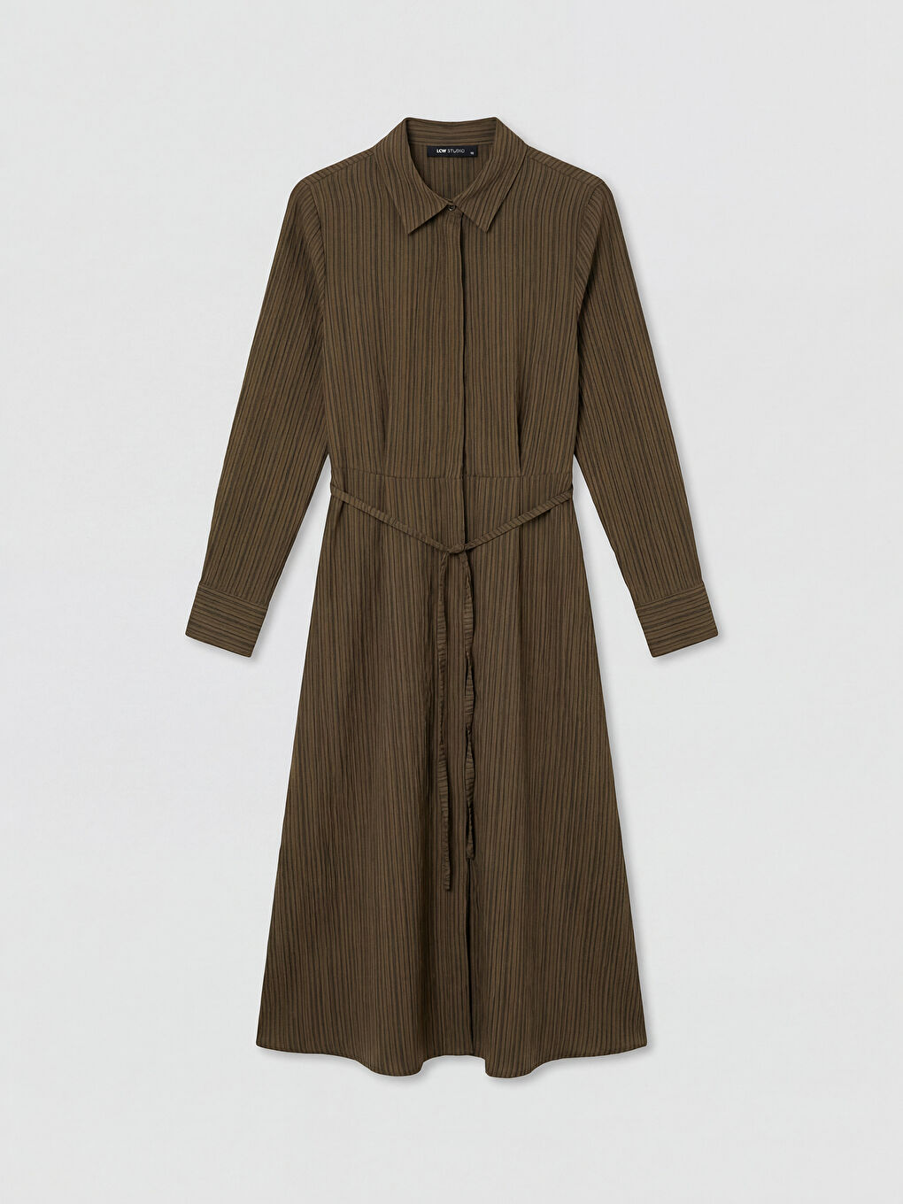 Yeşil Çizgili Kuşaklı Armürlü Gömlek Elbise