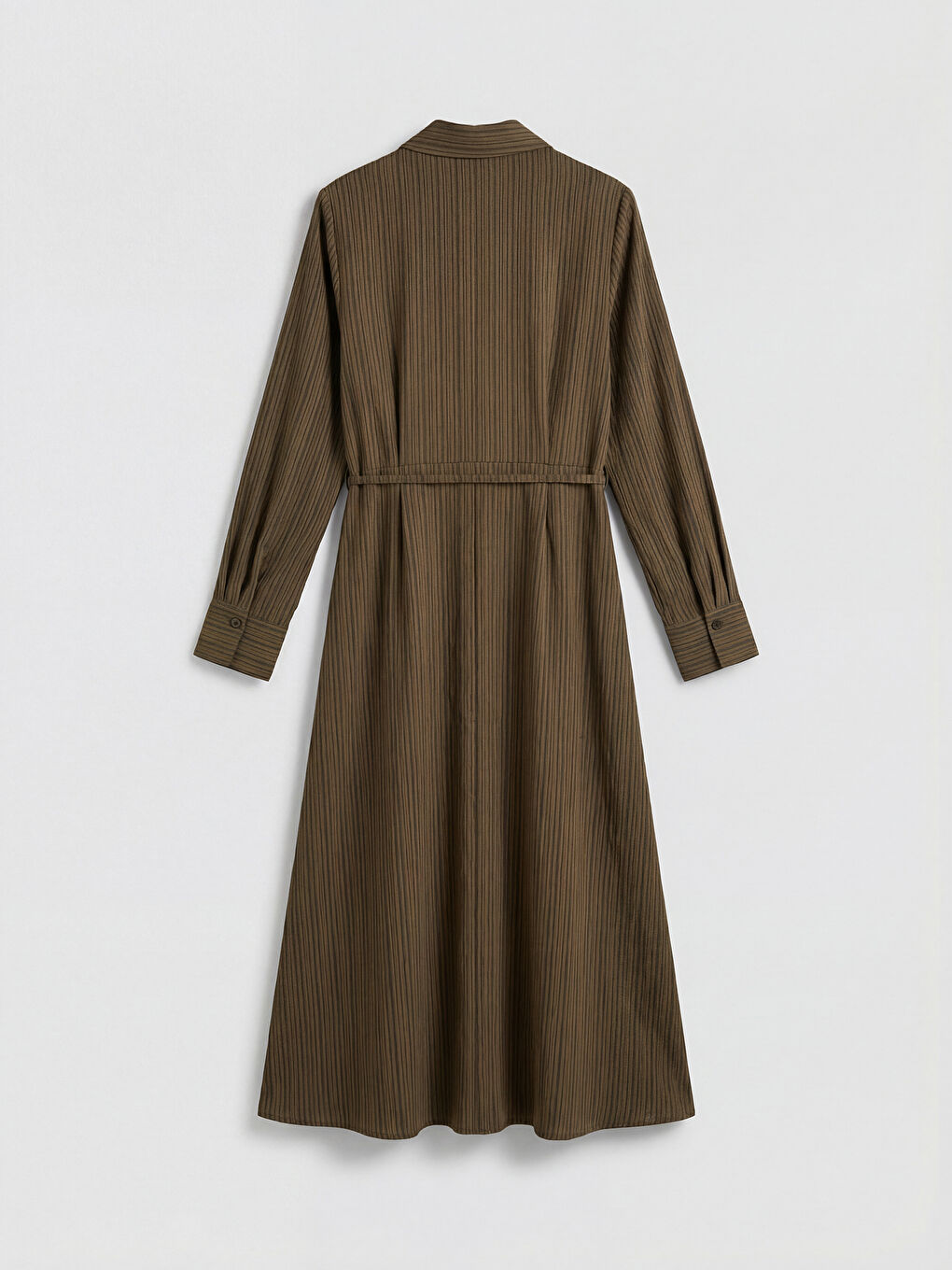 Yeşil Çizgili Kuşaklı Armürlü Gömlek Elbise-1