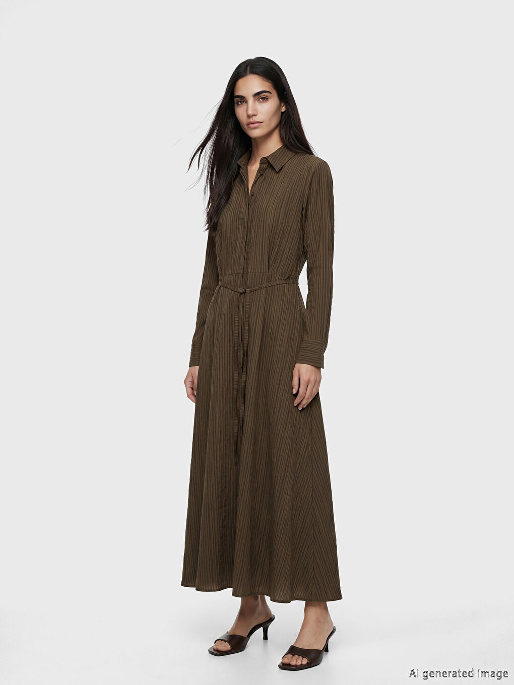 Yeşil Çizgili Kuşaklı Armürlü Gömlek Elbise