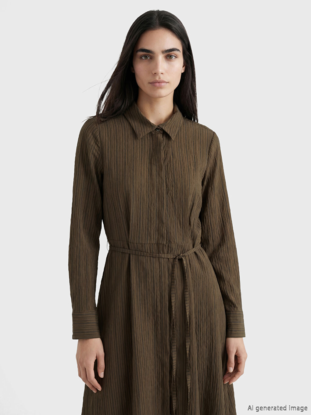 Yeşil Çizgili Kuşaklı Armürlü Gömlek Elbise-1