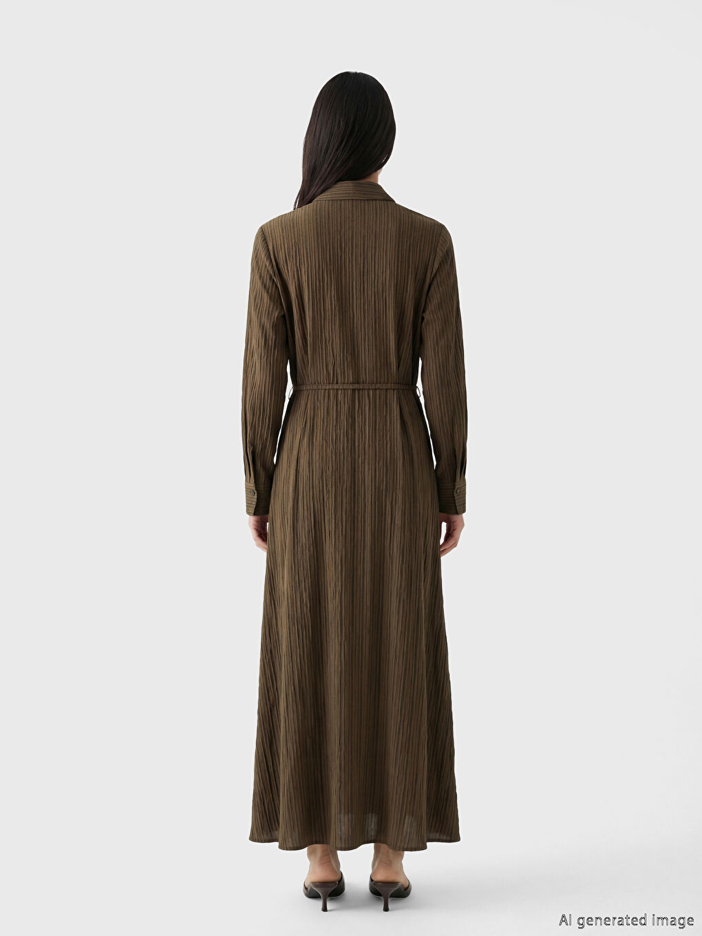 Yeşil Çizgili Kuşaklı Armürlü Gömlek Elbise-3