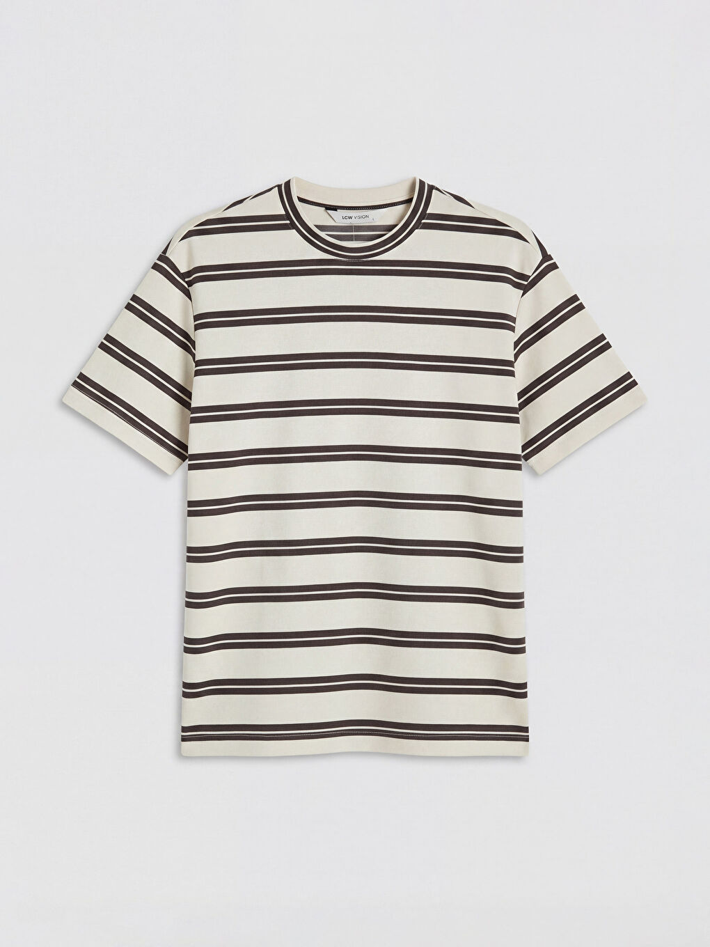 Bej Bisiklet Yaka Çizgili Erkek Tişört