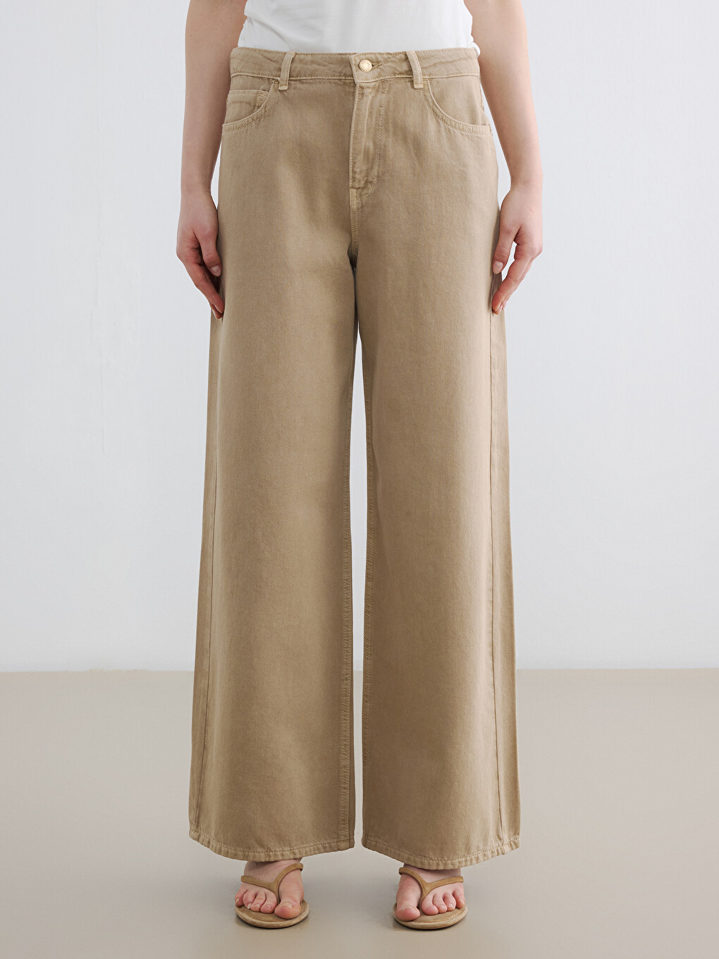 Bej Wideleg Kadın Jean Pantolon-1