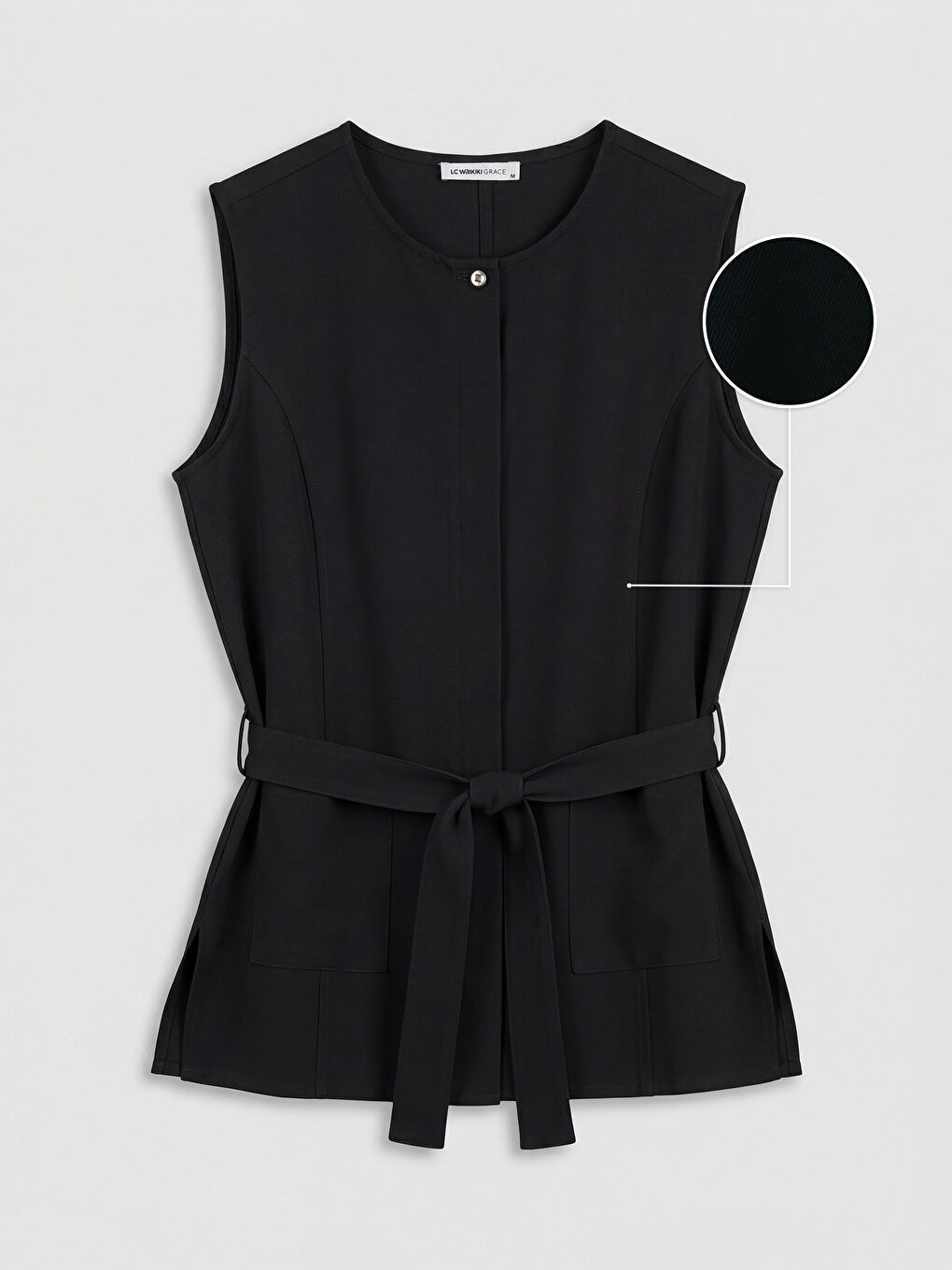 Siyah Bisiklet Yaka Beli Kuşaklı Kadın Yelek