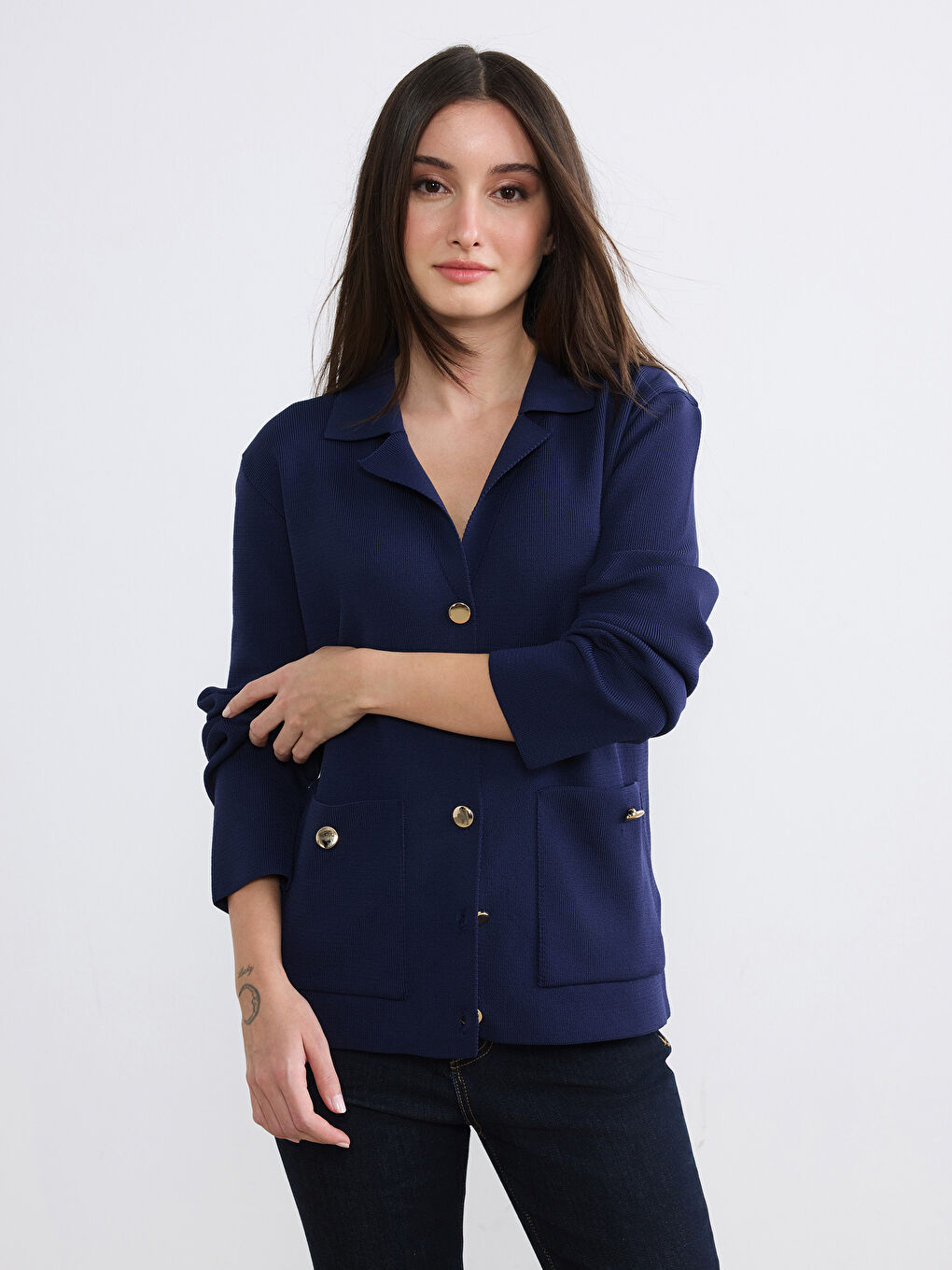 Lacivert Polo Yaka Kadın Triko Hırka