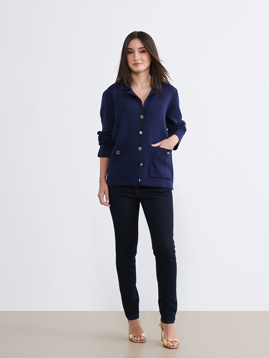 Lacivert Polo Yaka Kadın Triko Hırka-1