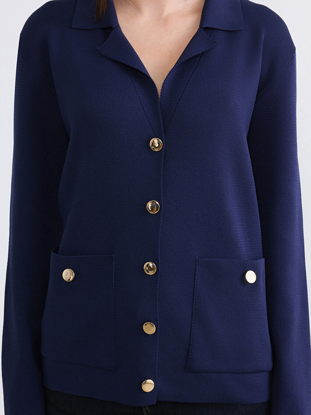 Lacivert Polo Yaka Kadın Triko Hırka-2