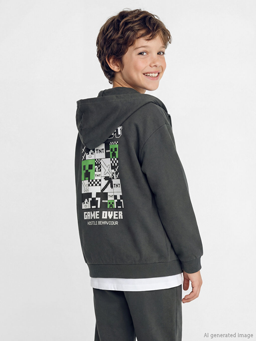 Antrasit Kapüşonlu Minecraft Baskılı Erkek Çocuk Fermuarlı Sweatshirt-1