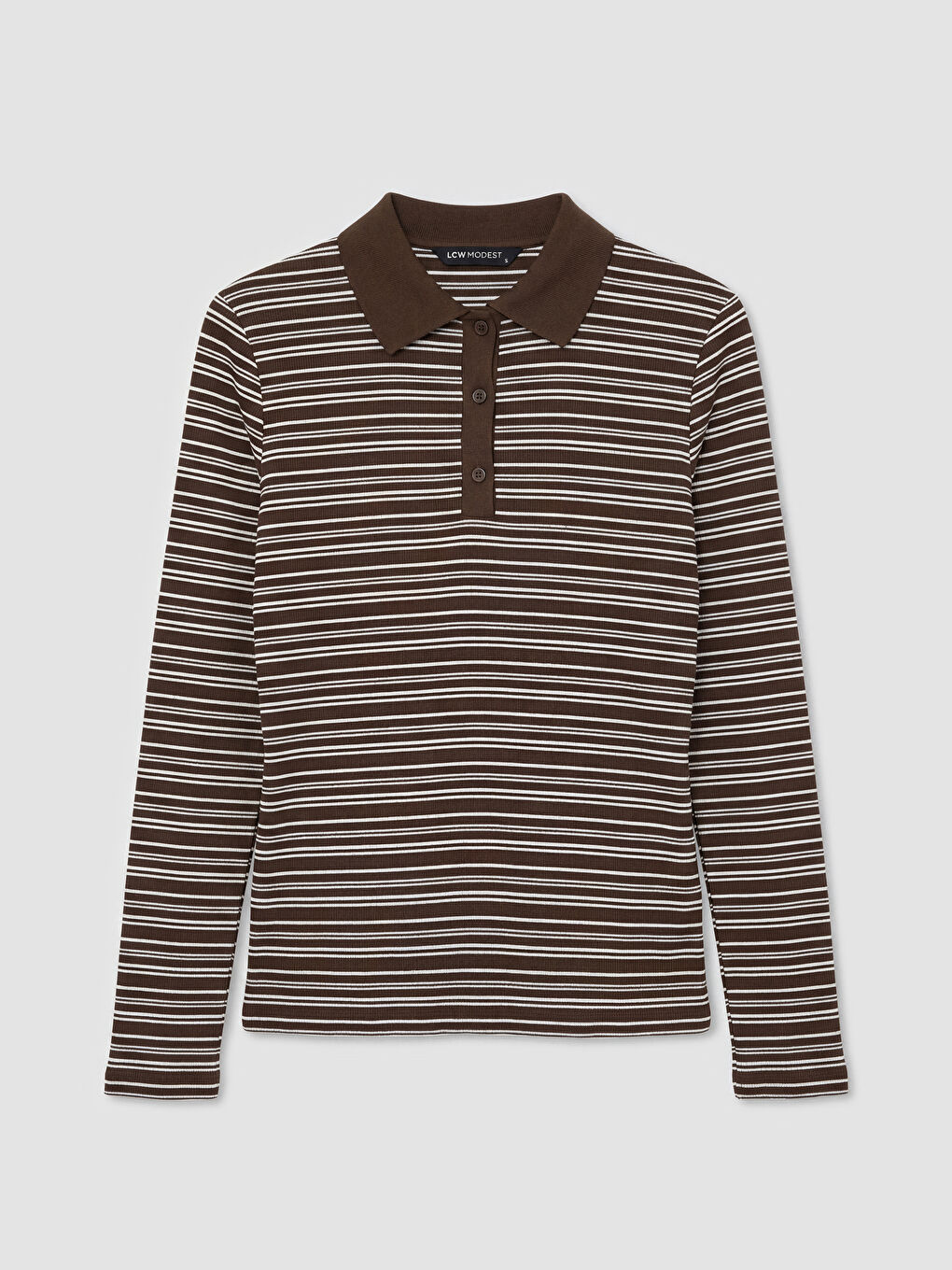 Ekru Polo Yaka Çizgili Kadın Tişört