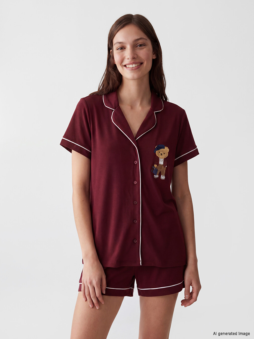 Bordo Ayı Teddy Baskılı Kadın Şortlu Pijama Takımı-1