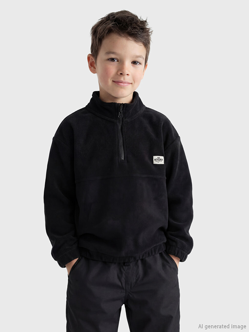 Siyah Dik Yaka Erkek Çocuk Polar Sweatshirt
