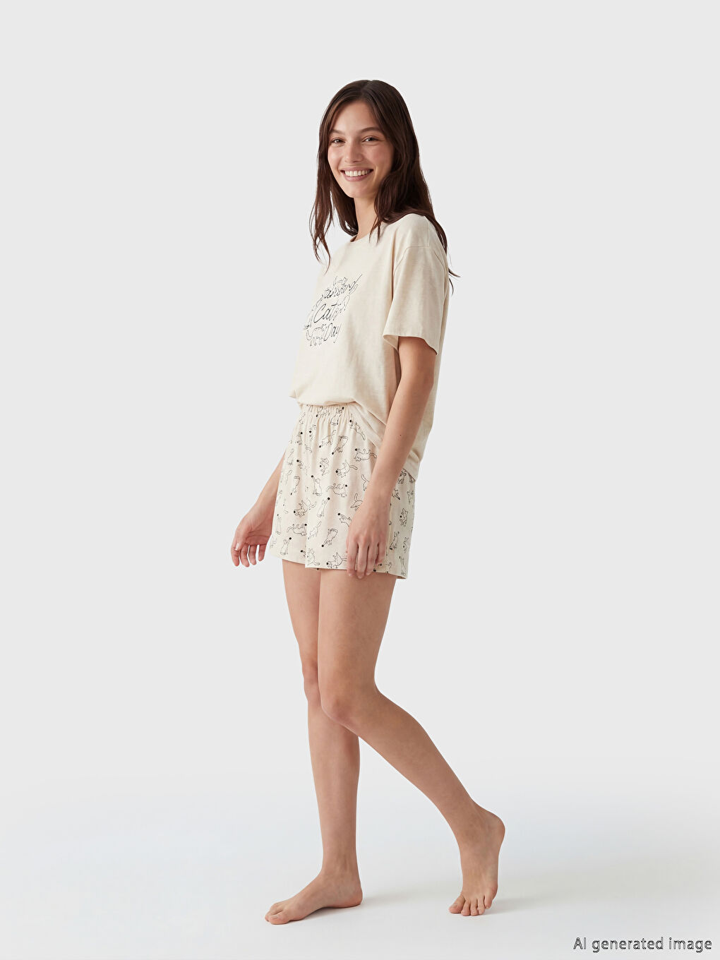 Къс пижамен комплект с кръгло деколте с щампа за жени-1