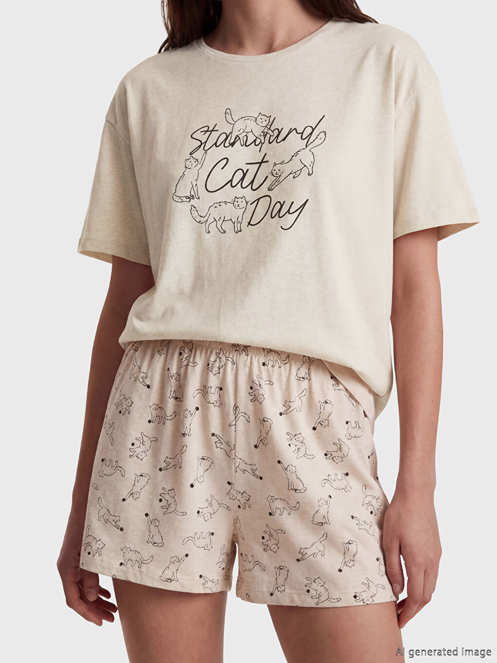 Къс пижамен комплект с кръгло деколте с щампа за жени-2