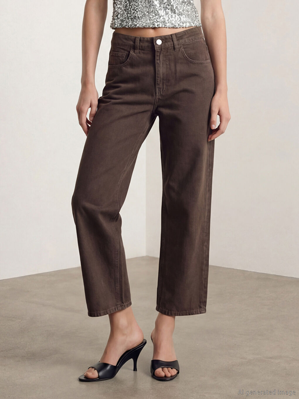 Kahverengi Wideleg Kadın Jean Pantolon-1