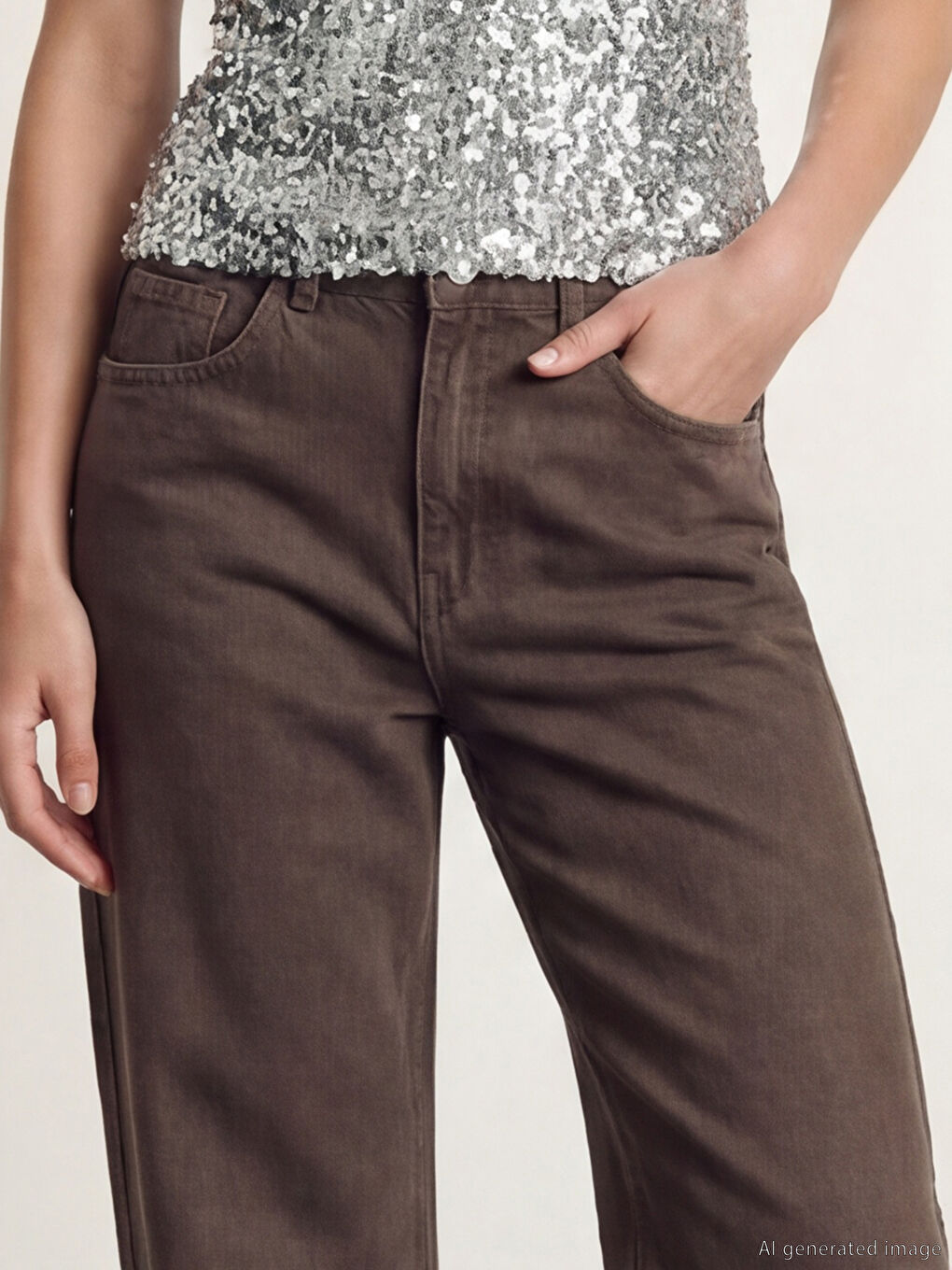 Kahverengi Wideleg Kadın Jean Pantolon-2