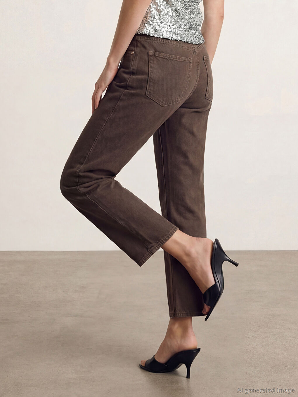 Kahverengi Wideleg Kadın Jean Pantolon-3