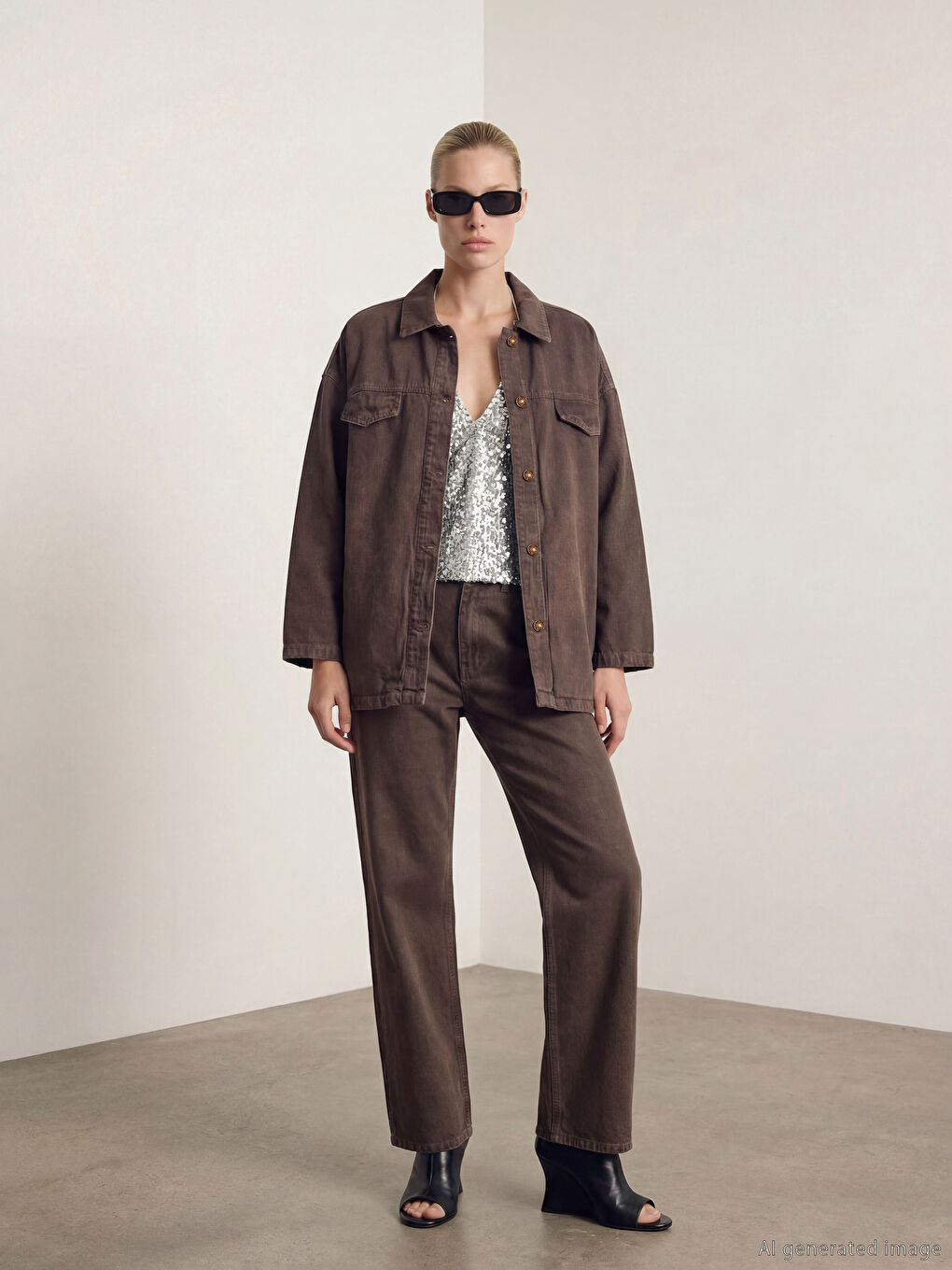 Kahverengi Gömlek Yaka Kadın Jean Ceket-1