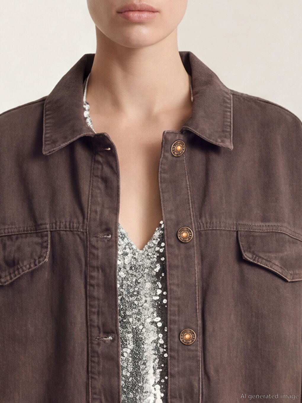 Kahverengi Gömlek Yaka Kadın Jean Ceket-2