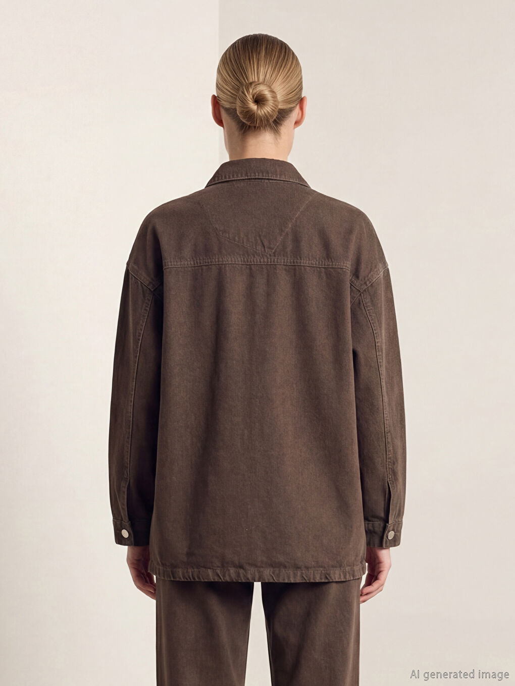 Kahverengi Gömlek Yaka Kadın Jean Ceket-3