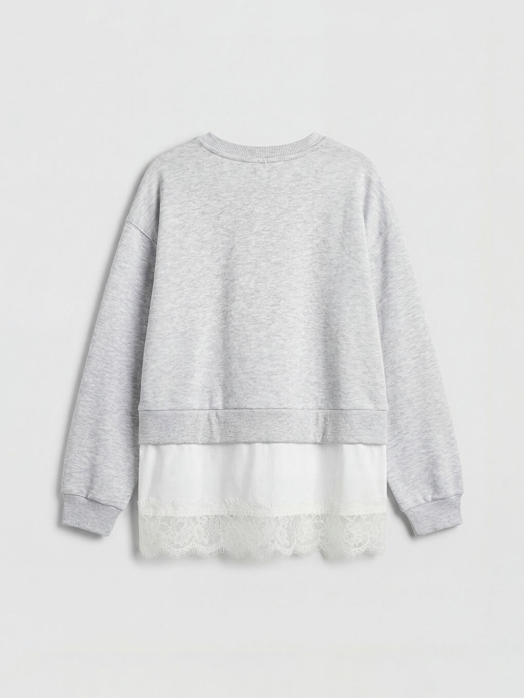 Gri Bisiklet Yaka Dantel Detaylı Kız Çocuk Sweatshirt-1