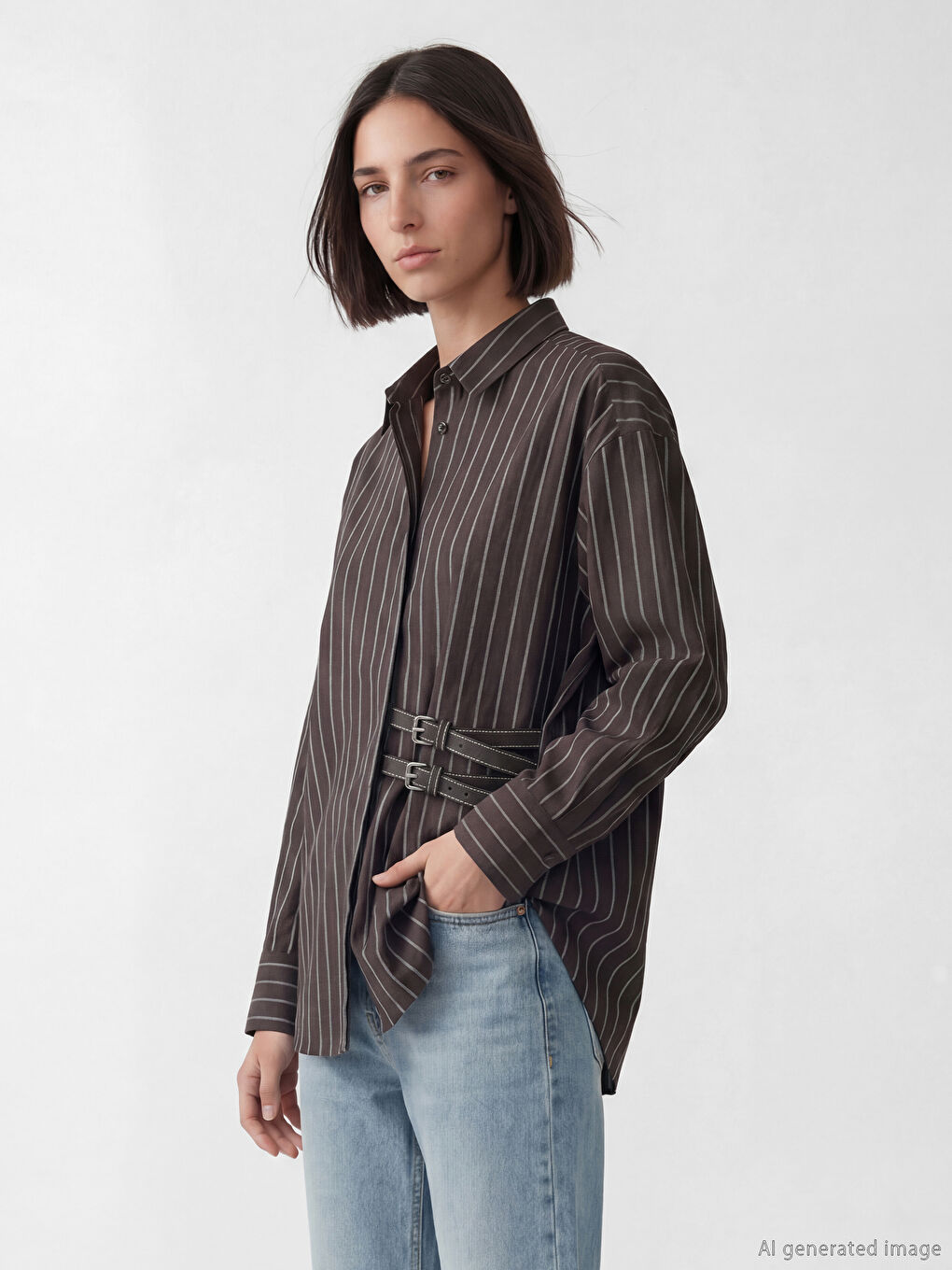 Kahverengi Çizgili Kadın Gömlek