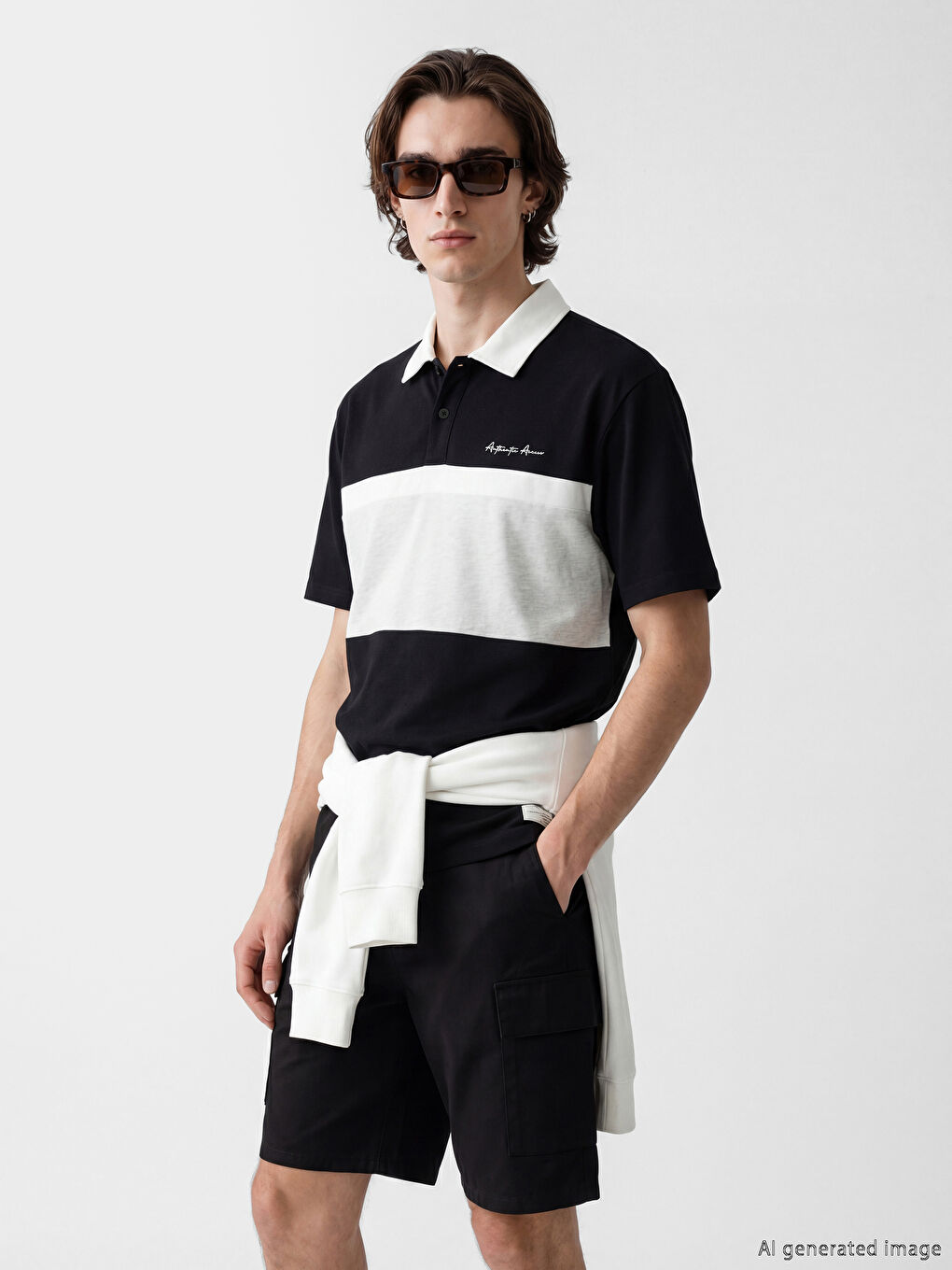 Siyah Polo Yaka Renk Bloklu Penye Erkek Tişört