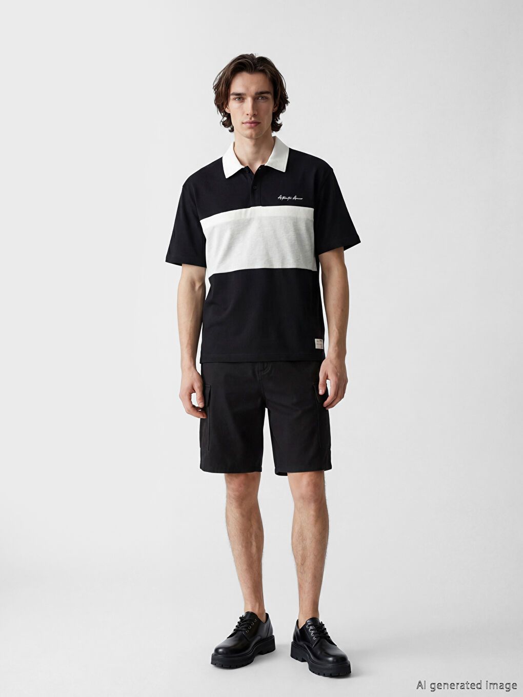 Siyah Polo Yaka Renk Bloklu Penye Erkek Tişört-1