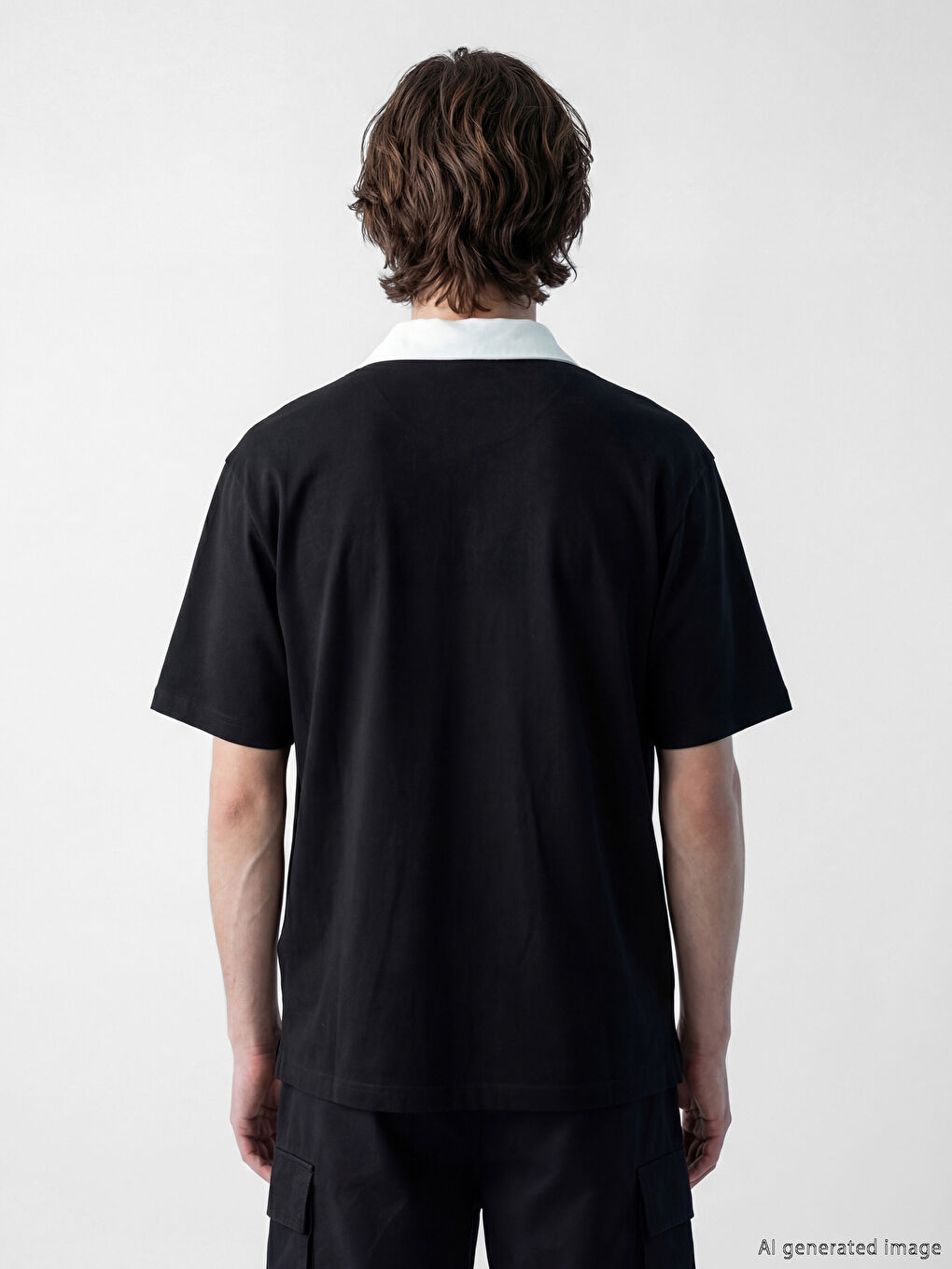 Siyah Polo Yaka Renk Bloklu Penye Erkek Tişört-2