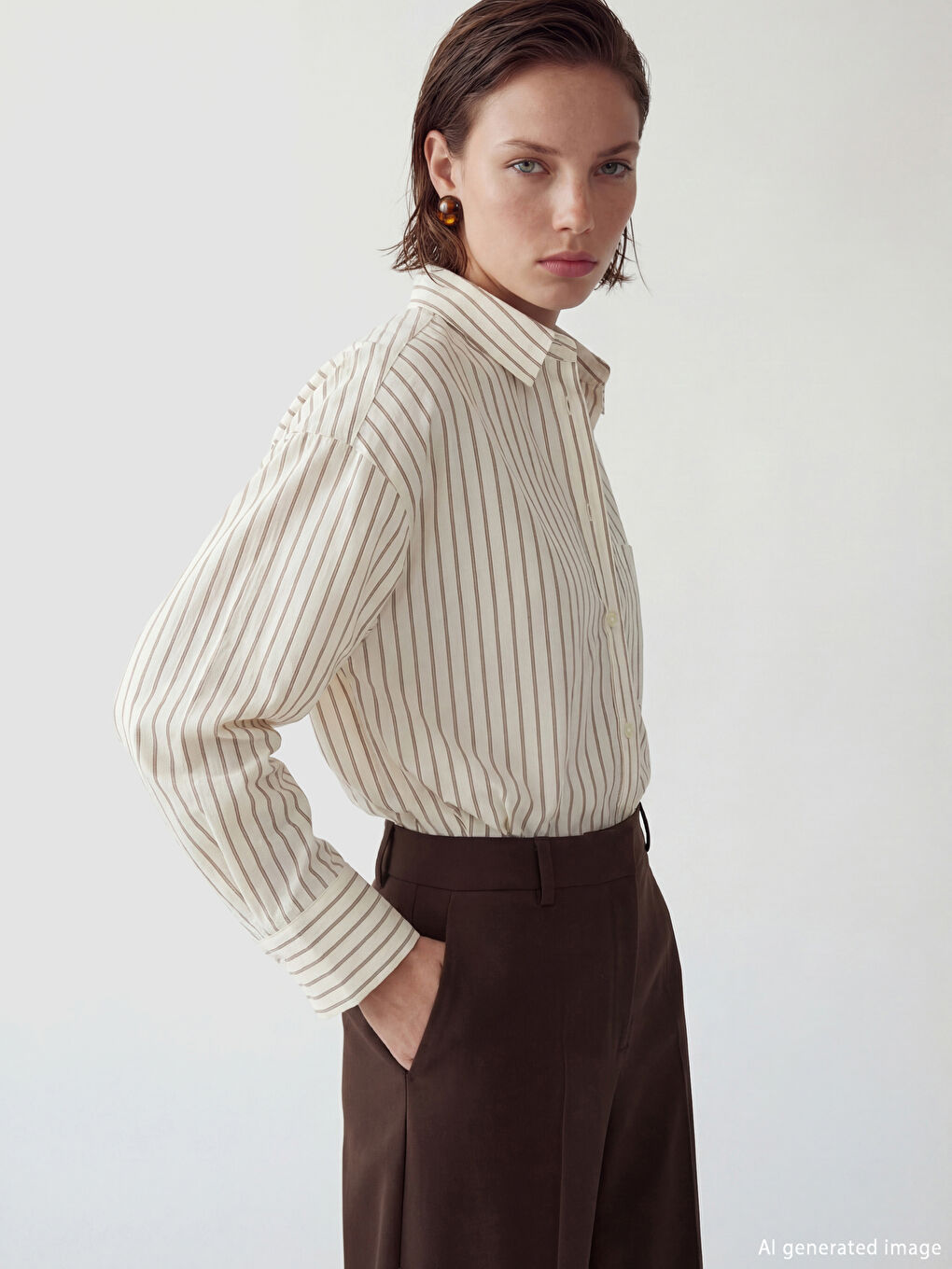 Ekru Çizgili Oversize Poplin Kadın Gömlek-1