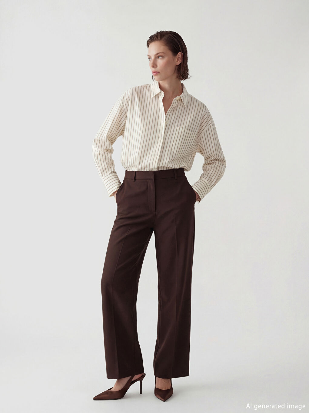 Ekru Çizgili Oversize Poplin Kadın Gömlek-2