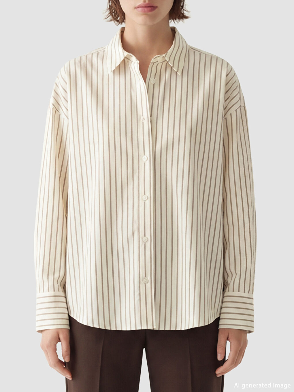 Ekru Çizgili Oversize Poplin Kadın Gömlek-3