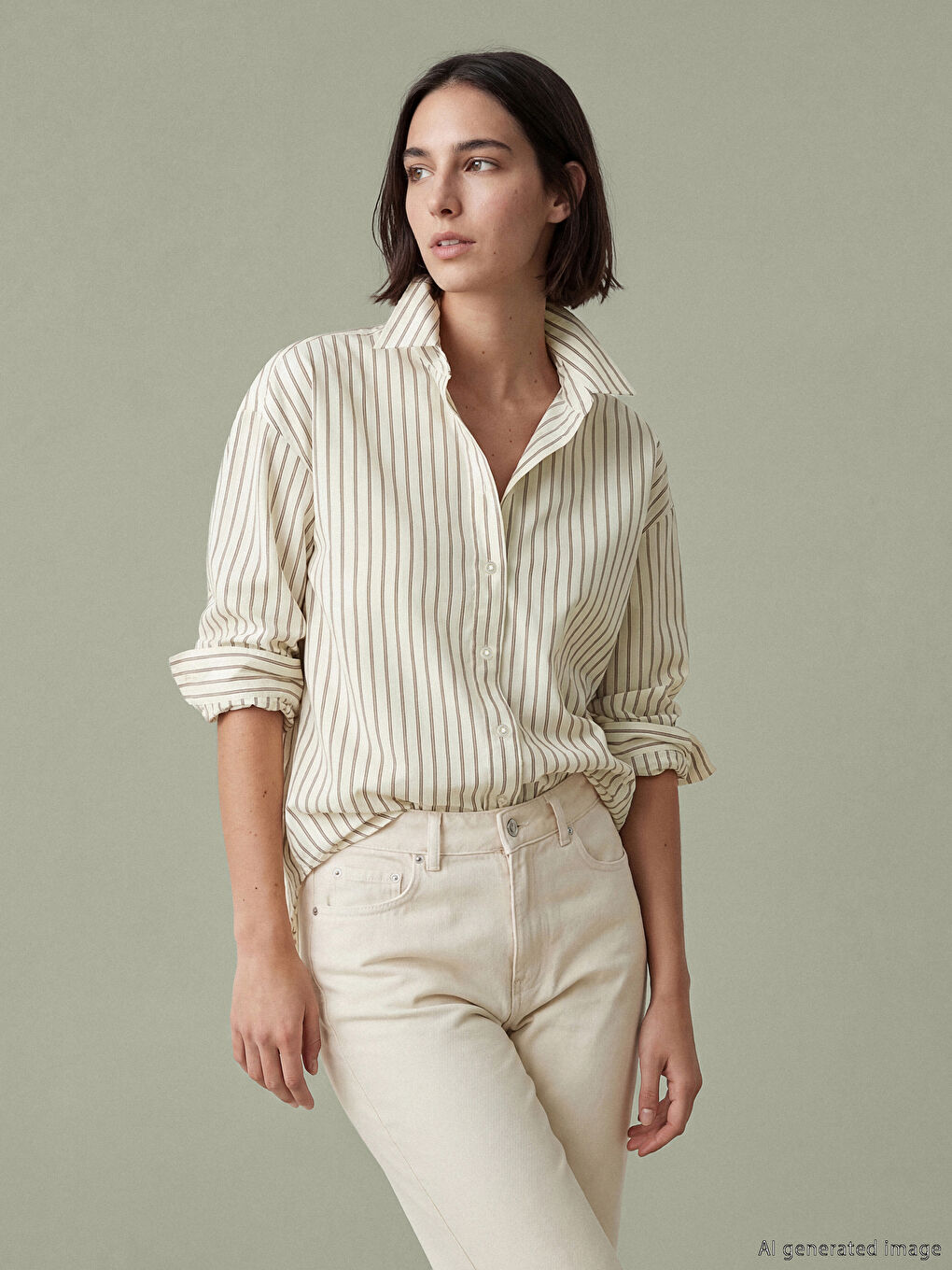 Ekru Çizgili Oversize Poplin Kadın Gömlek