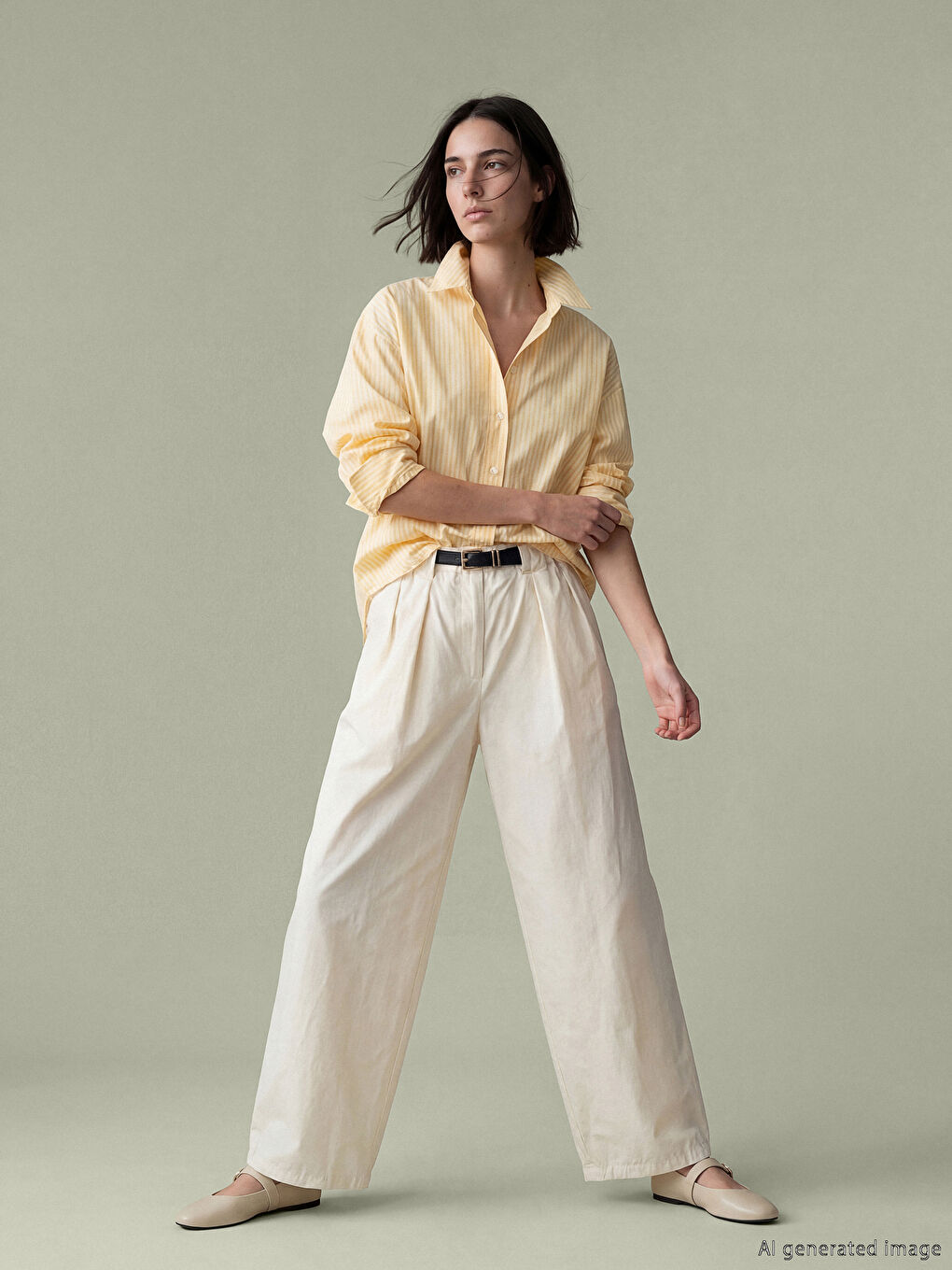 Sarı Çizgili Oversize Poplin Kadın Gömlek-1