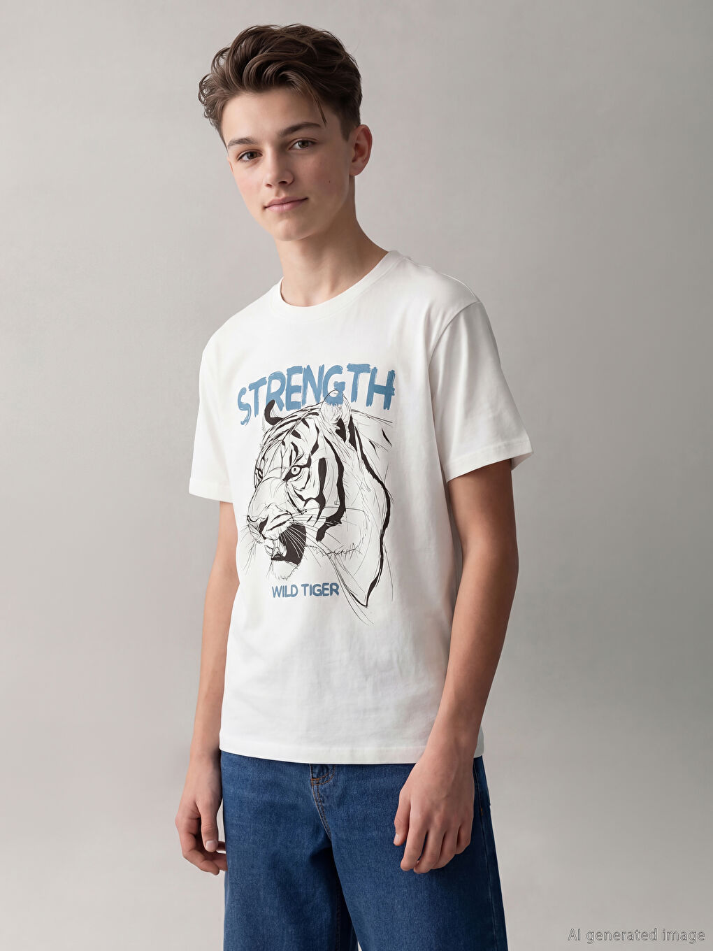 Ekru Bisiklet Yaka Baskılı Erkek Çocuk Tişört