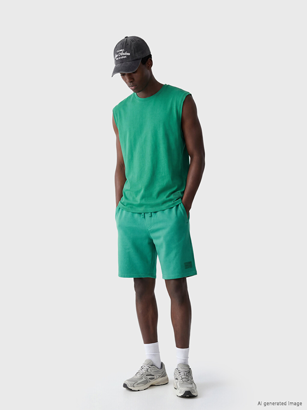 Yeşil Relaxed Fit Bisiklet Yaka Penye Erkek Tişört-1