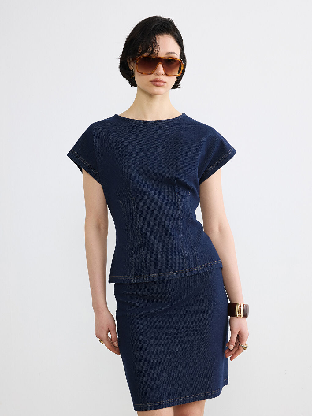 İndigo Bisiklet Yaka Peplum Jean Bluz