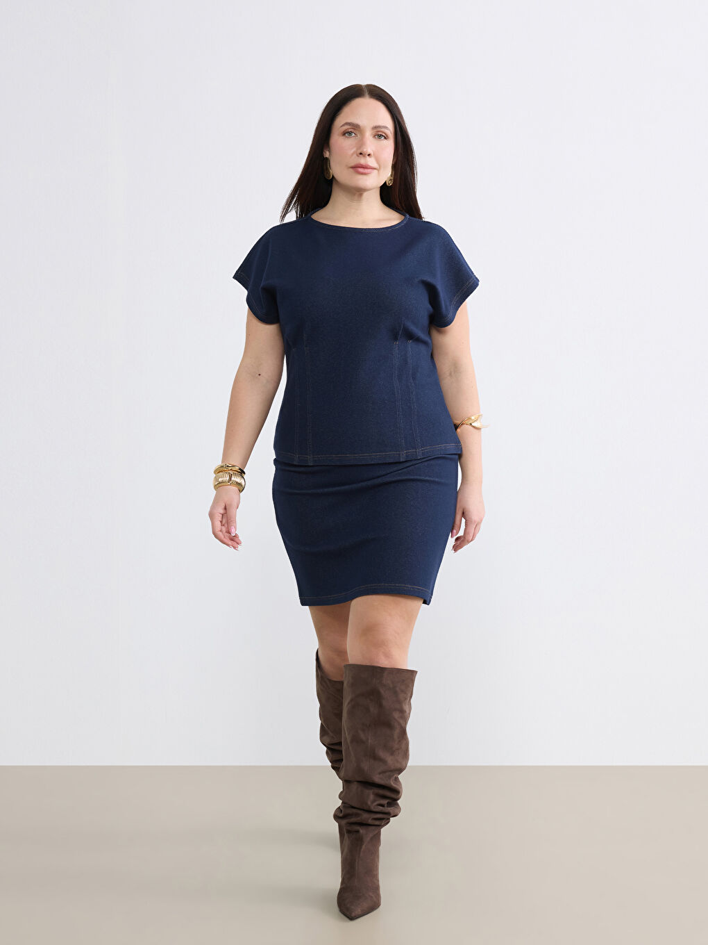İndigo Bisiklet Yaka Peplum Jean Bluz-1