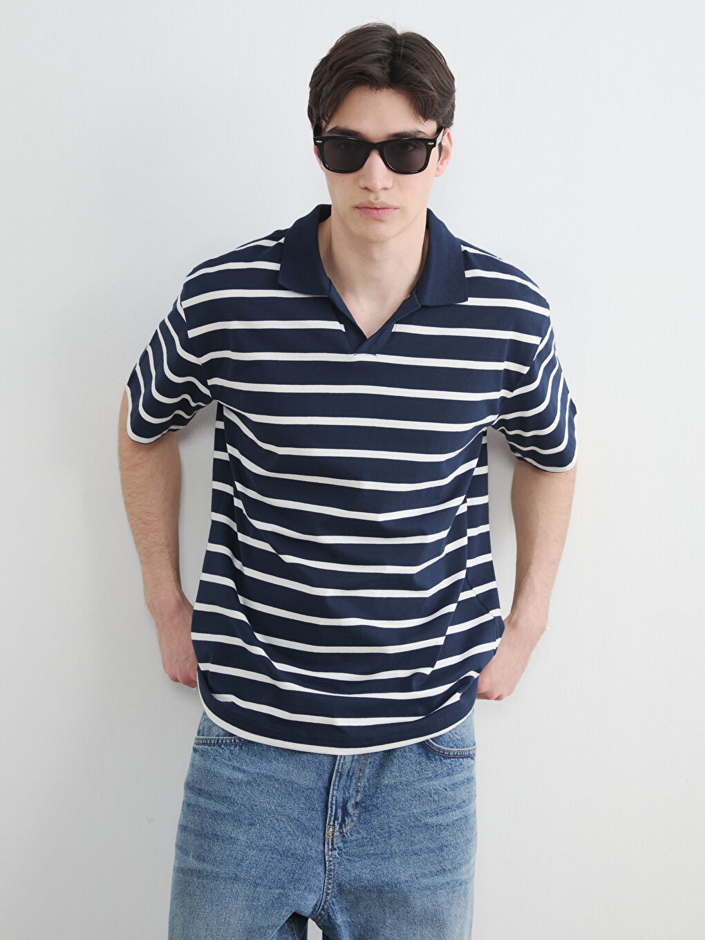 Lacivert Bol Fit Çizgili Polo Yaka Erkek Tişört