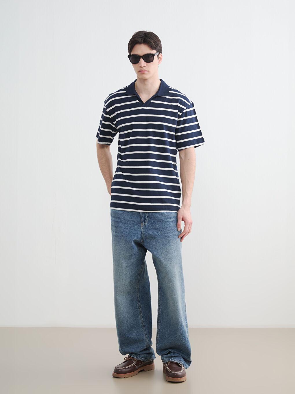 Lacivert Bol Fit Çizgili Polo Yaka Erkek Tişört-1